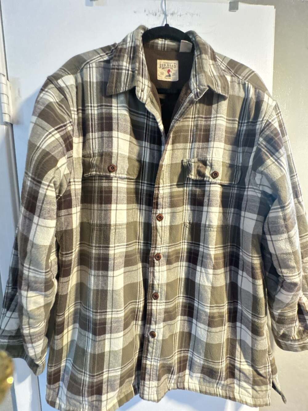 RedHead Fleece Lined Plaid Flannel Shirt Size L Green Brown
